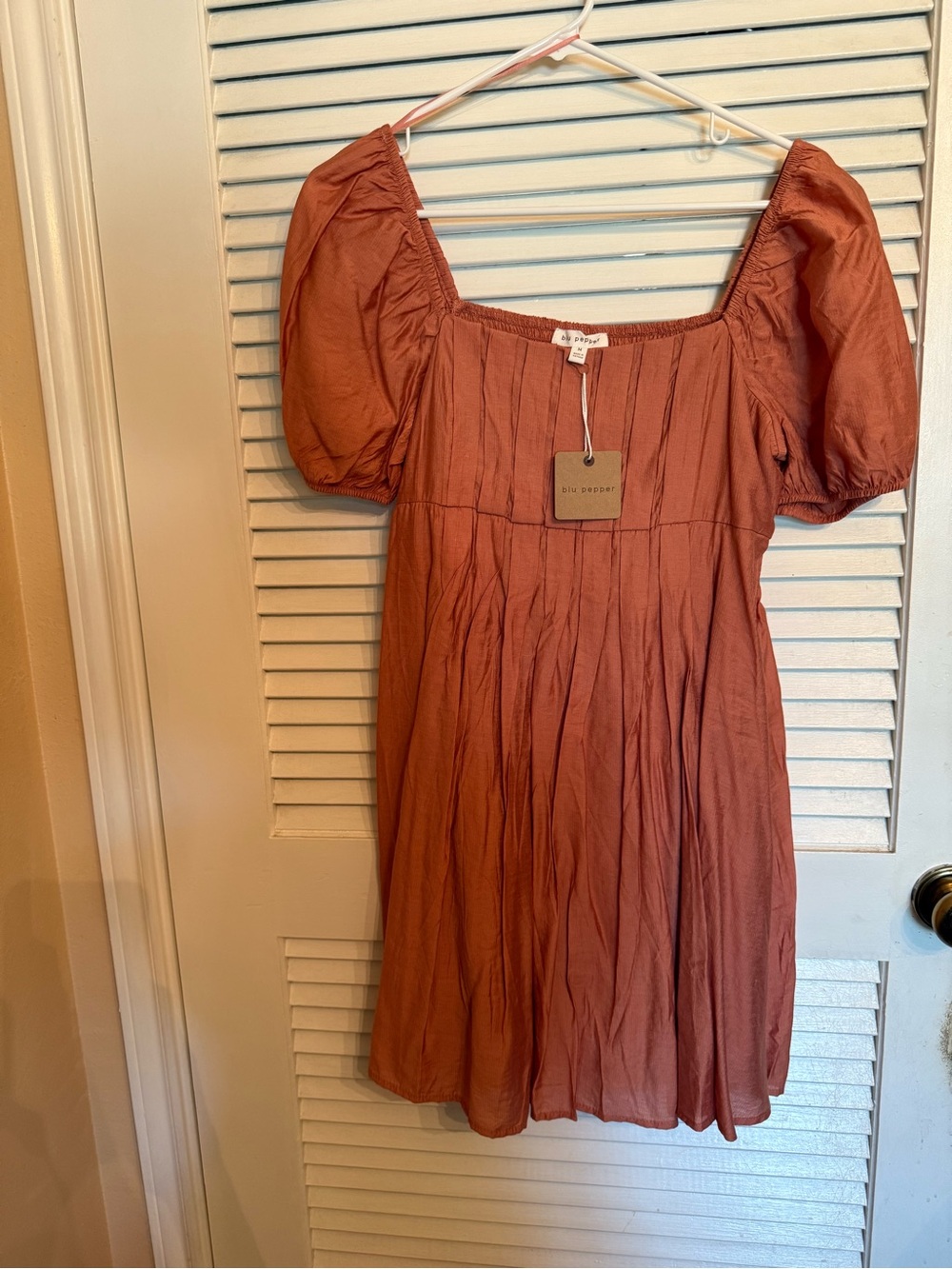 Blu Pepper Peach Puff Sleeve Square Neck Dress